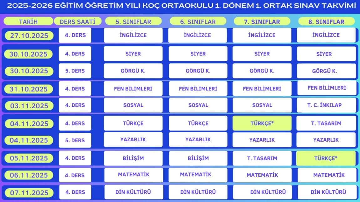 2025-2026 EĞİTİM ÖĞRETİM YILI BİRİNCİ DÖNEM BİRİNCİ ORTAK SINAV TAKVİMİ